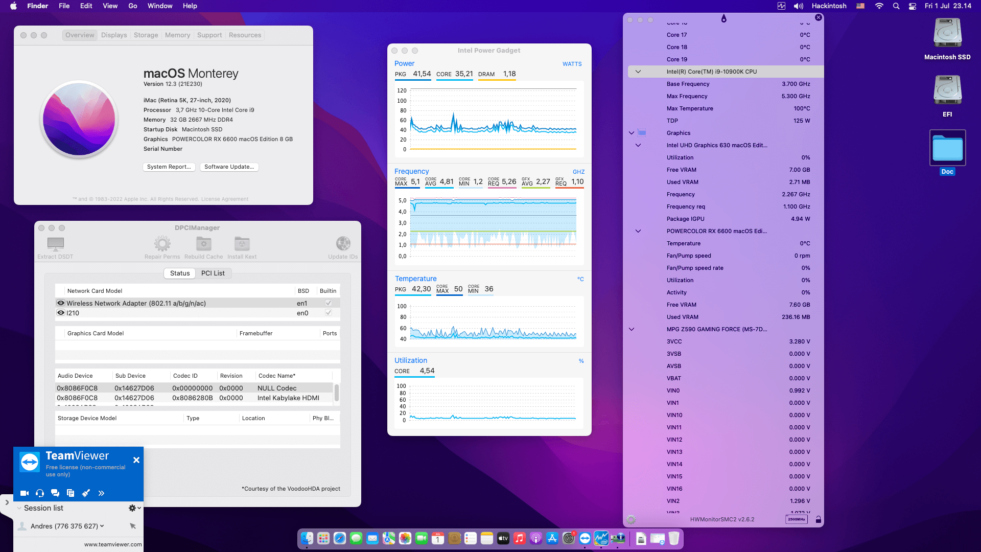 Success Hackintosh macOS Monterey 12.3 Build 21E230 in MSI MAG Z590 Gaming Force + Intel Core i9 10900K + PowerColor RX 6600